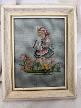 Vintage Hummel Style Needlepoint Framed Art Girl with Bunny 9.75”x 7.75”